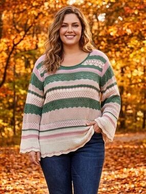 BloomChic Striped Open-Knit Sweater in Pink, Green & Cream size 1X (14-16)